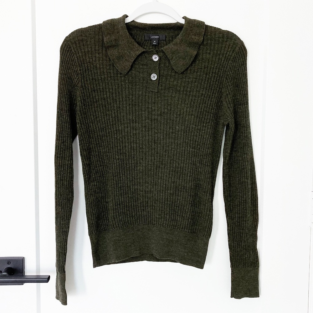 J. Crew Heathered Olive Green Ruffle Collar Ribbed Sweater Merino Wool - M